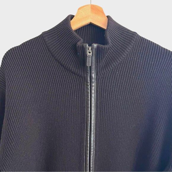 Cole Haan Mens Chocolate Brown Wool Cardigan Sweater XL Full Zip Leather Trim - Picture 2 of 10